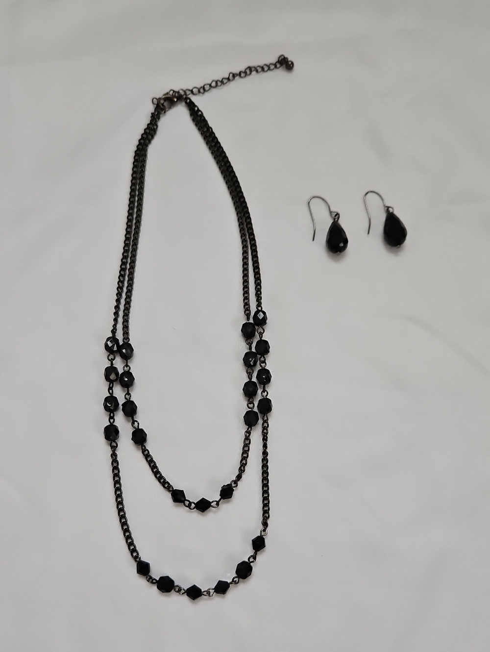 Double-Strand Black Beaded Necklace with Matching Teardrop Earrings